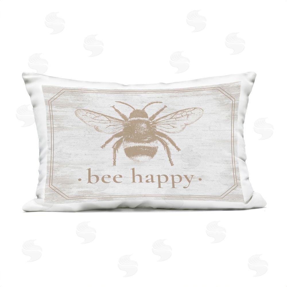 Lettered and Lined Bee Happy with Rustic Border Outdoor Rectugular Printed Throw Pillow
