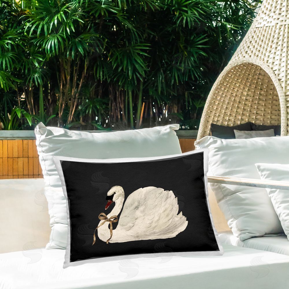 Lettered and Lined Festive Swan with Ribbon Outdoor Quick-Dry Polyester Printed Throw Pillow in Back Yard