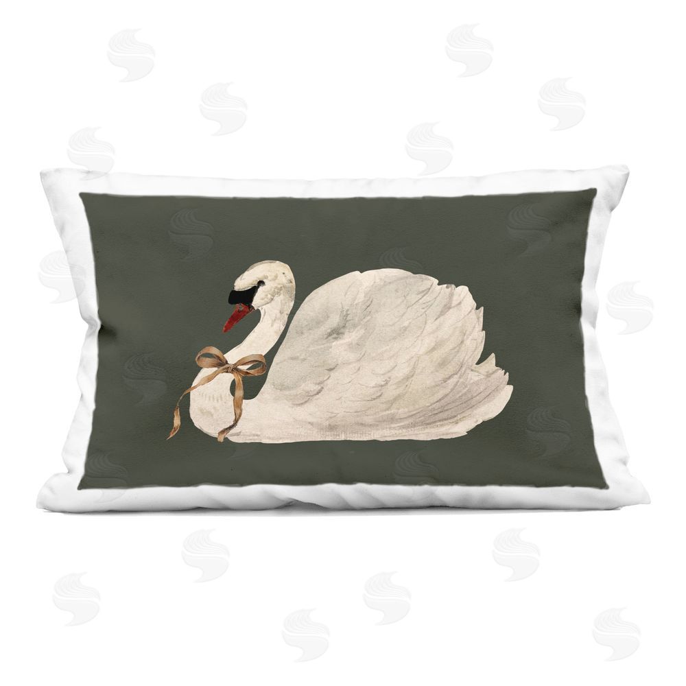 Lettered and Lined Holiday Swan with Ribbon Printed Plush Polyester Throw Pillow