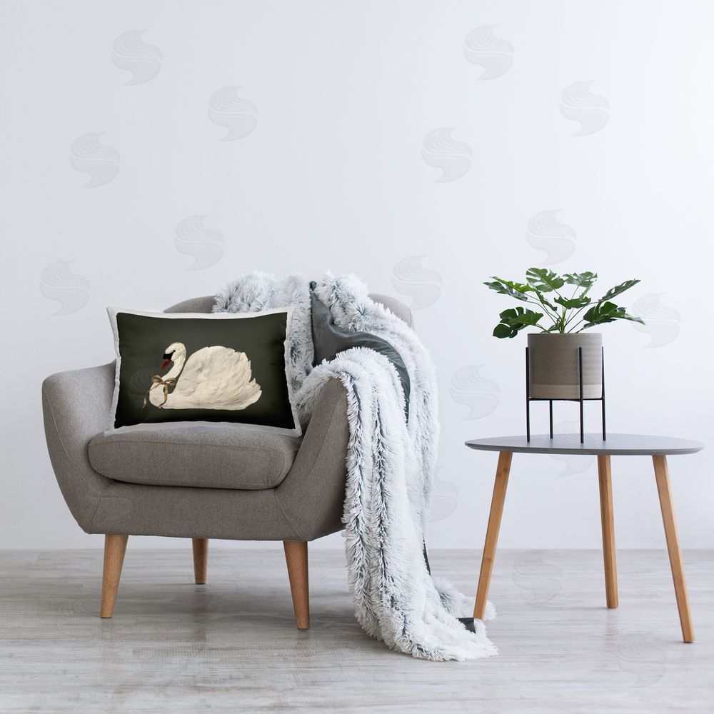 Lettered and Lined Holiday Swan with Ribbon Printed Plush Polyester Throw Pillow On Chair