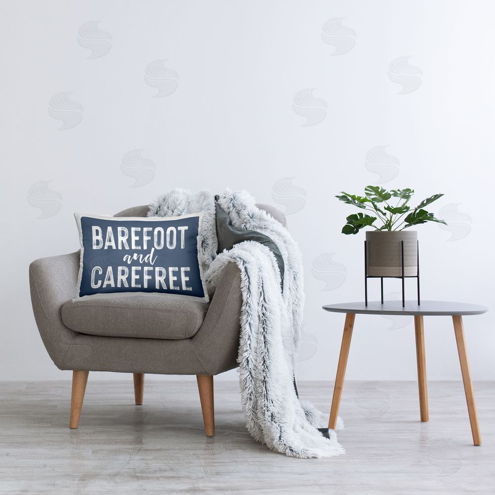 Lettered and Lined Barefoot & Carefree Blue Rectugular Printed Throw Pillow on Chair