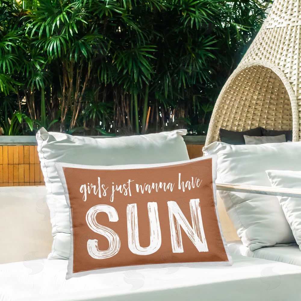 Lettered and Lined Girls Wanna Have Sun Brown Outdoor Rectugular Printed Throw Pillow on Patio