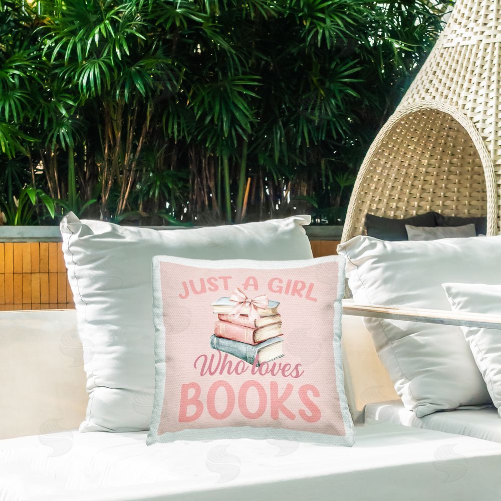 Kim Allen Reader Girl Who Loves Books Square Printed Throw Pillow on Patio