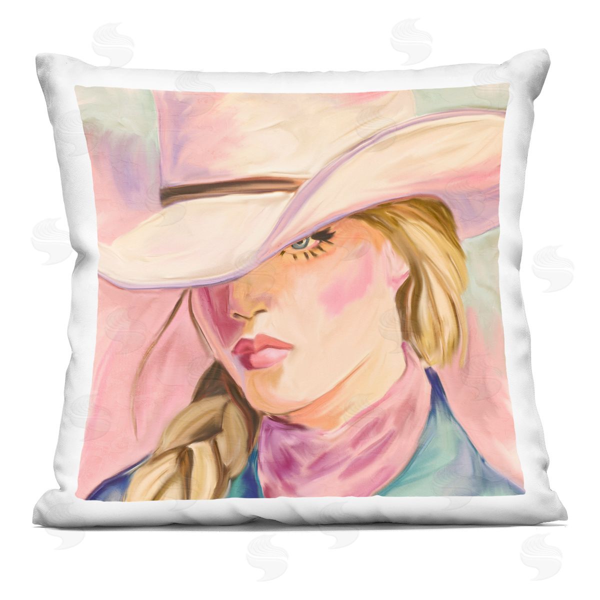 Kim Allen Pastel Cowgirl Gaze Beneath Hat Square Printed Throw Pillow