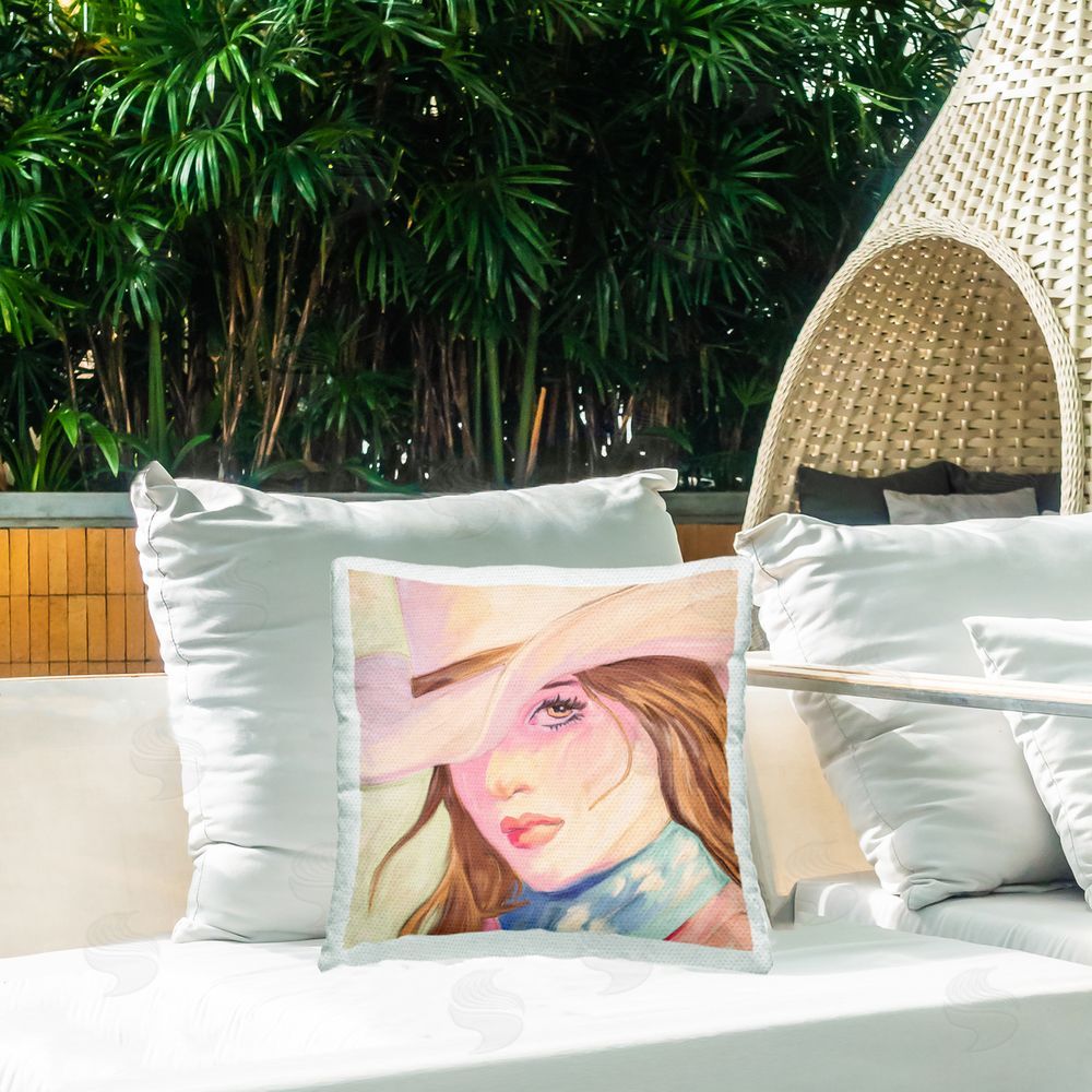 Kim Allen Pastel Cowgirl Brunette Square Printed Throw Pillow on Patio