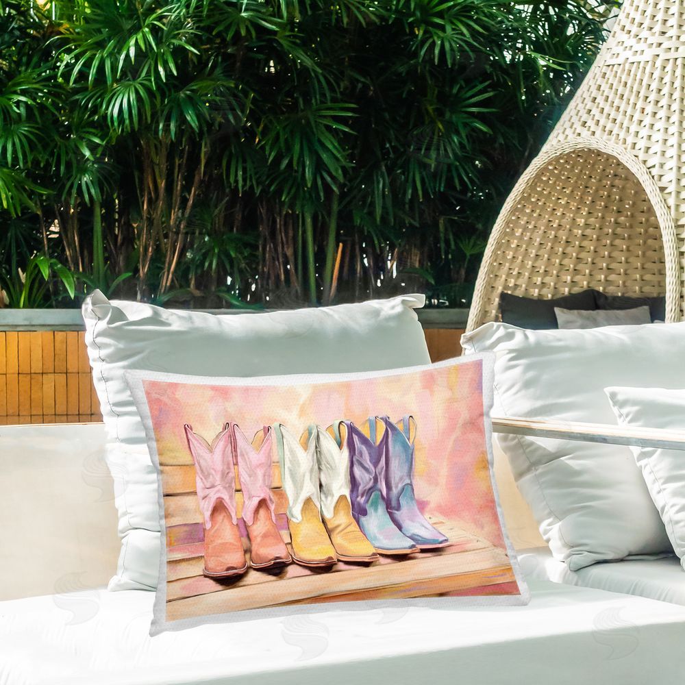Kim Allen Painted Boots Trio Outdoor Rectugular Printed Throw Pillow on Patio