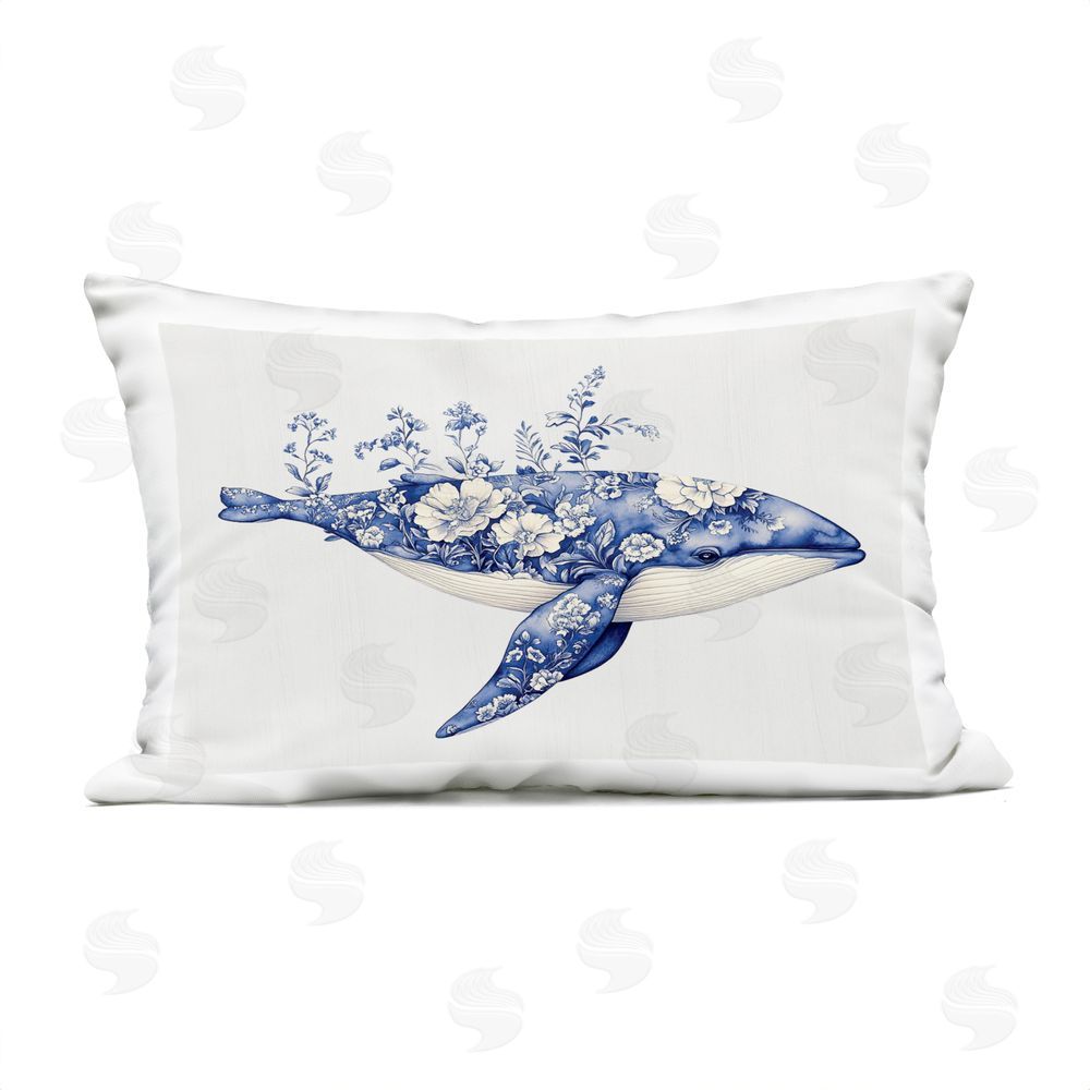 Lettered and Lined Blooming Toile Whale Outdoor Rectugular Printed Throw Pillow