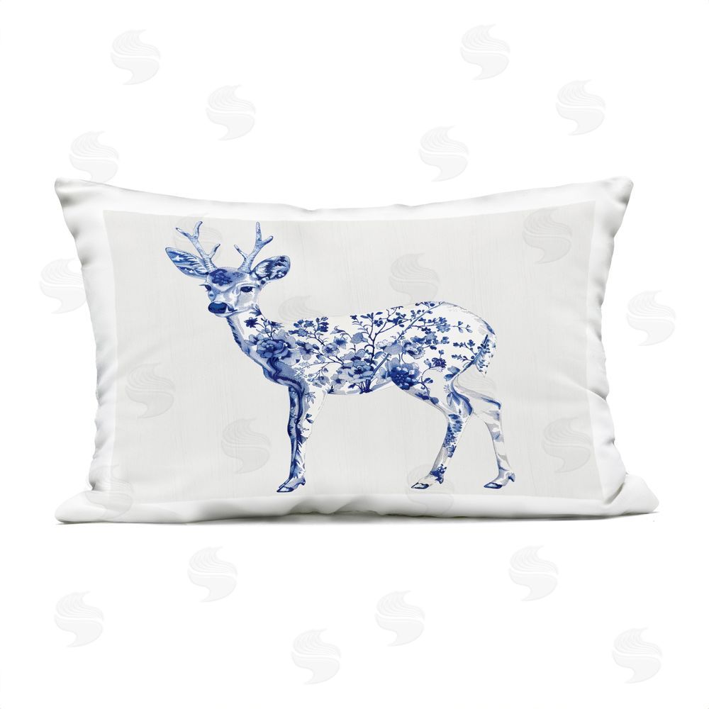 Lettered and Lined Graceful Toile Deer Outdoor Rectugular Printed Throw Pillow