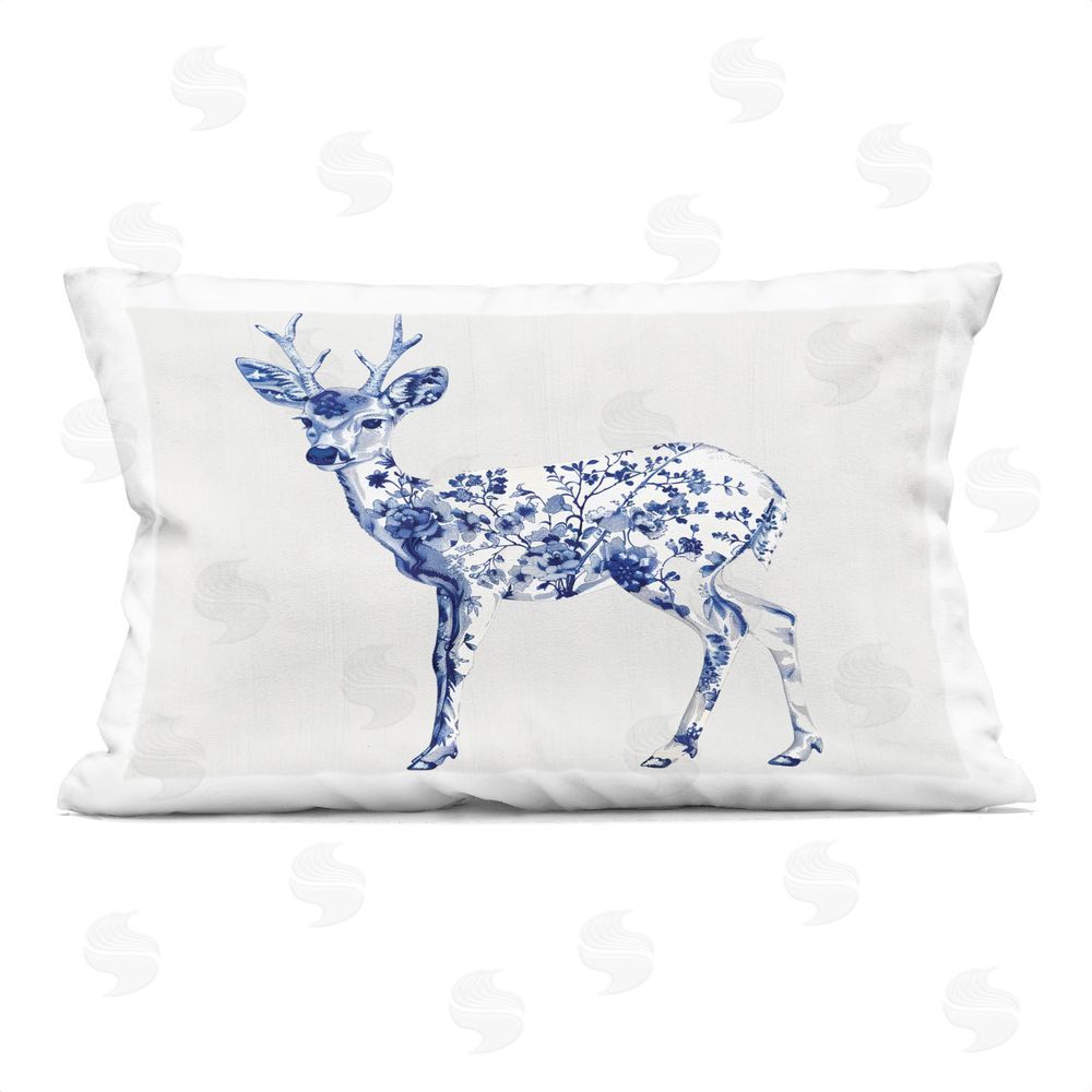 Lettered and Lined Graceful Toile Deer Rectugular Printed Throw Pillow