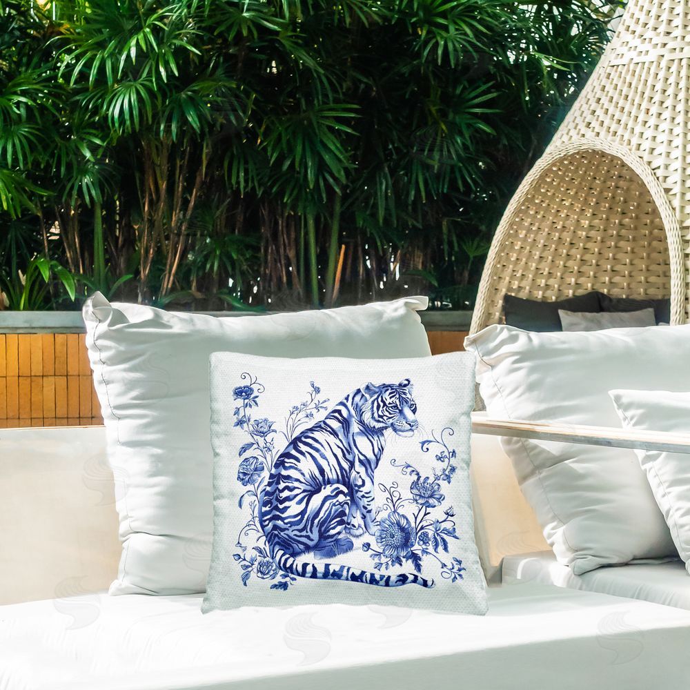 Lettered and Lined Traditional Ornate Floral Tiger Square Printed Throw Pillow on Patio