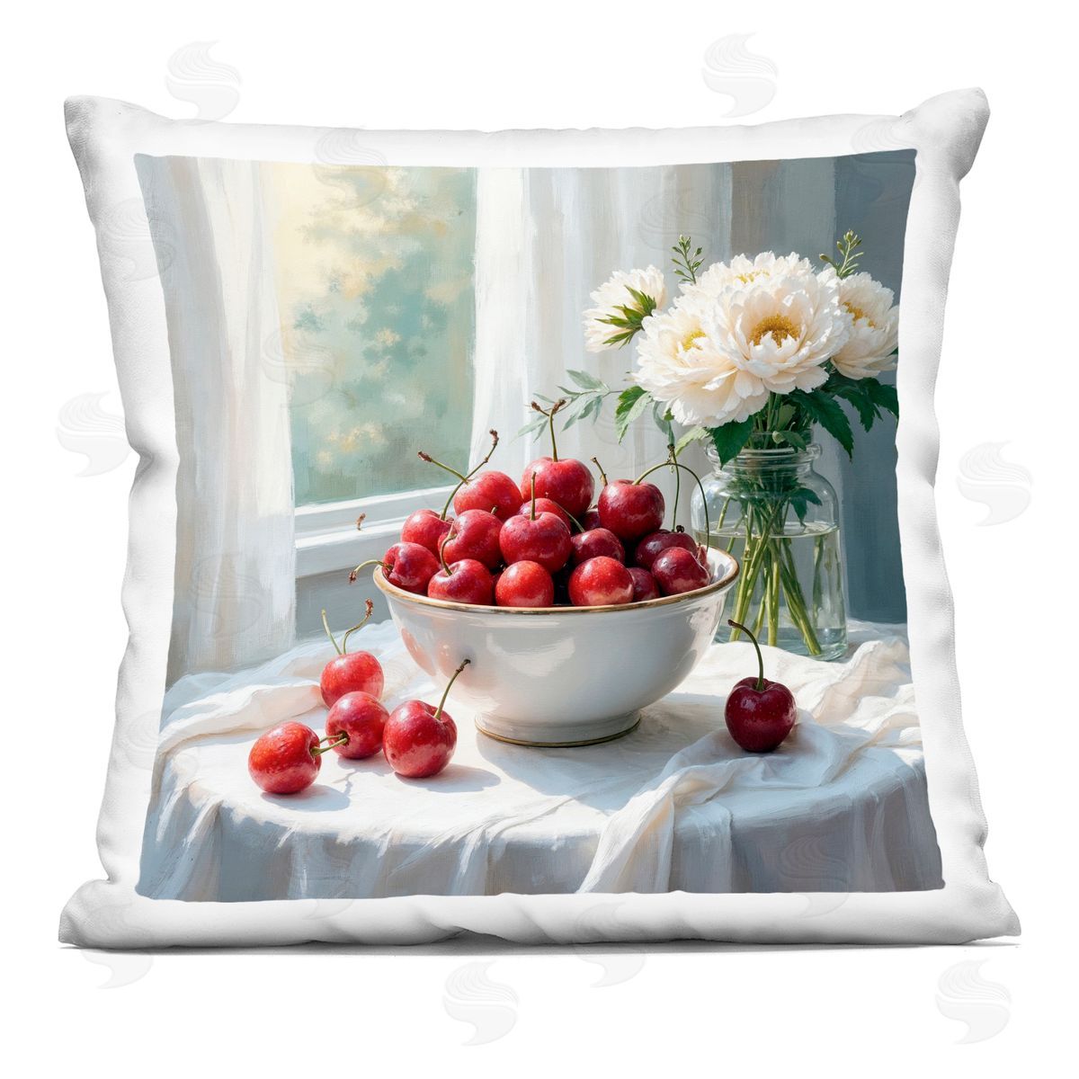Lettered and Lined Cherries & Flowers Still Life Square Printed Throw Pillow