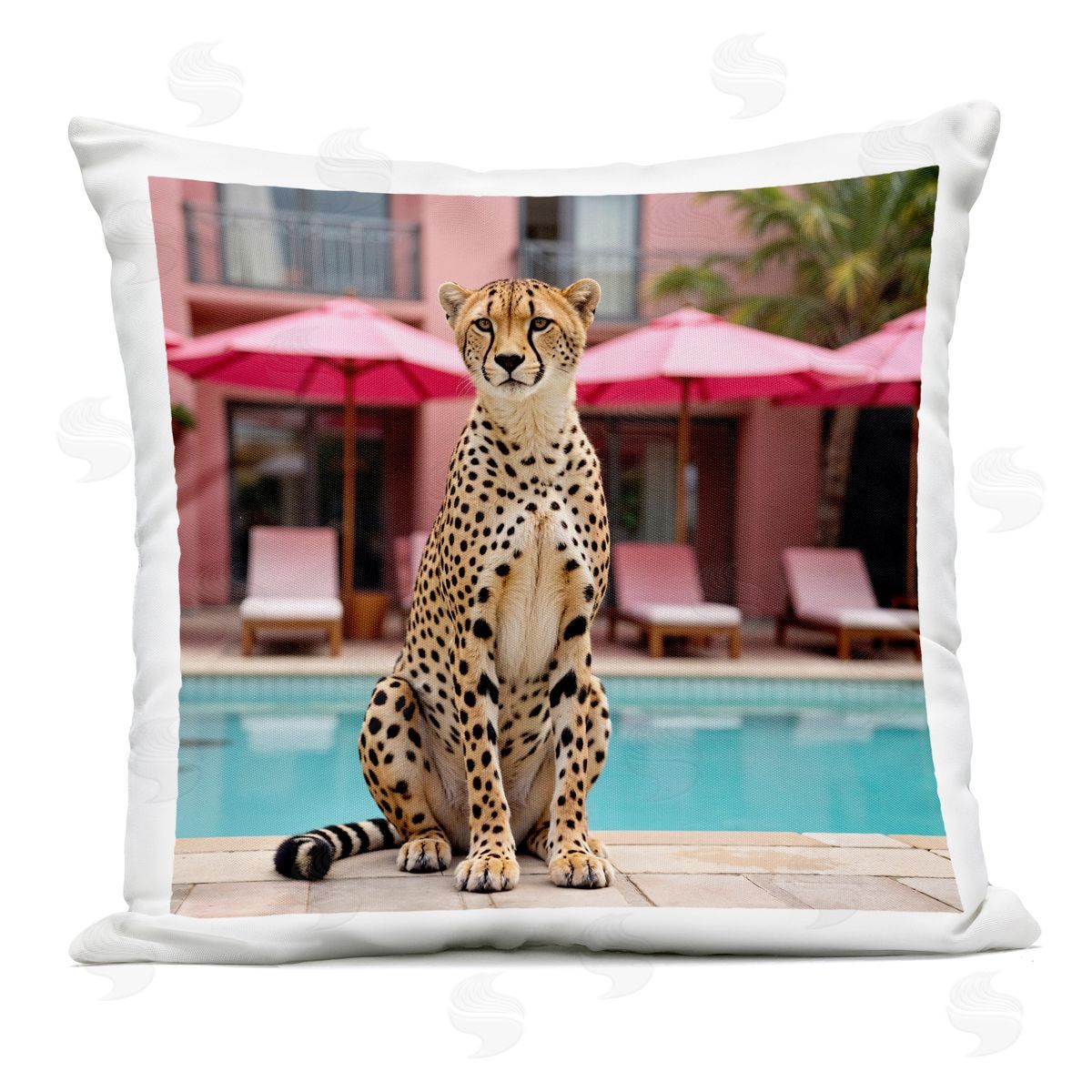 Lettered and Lined Cheetah Posed at Poolside Outdoor Square Printed Throw Pillow