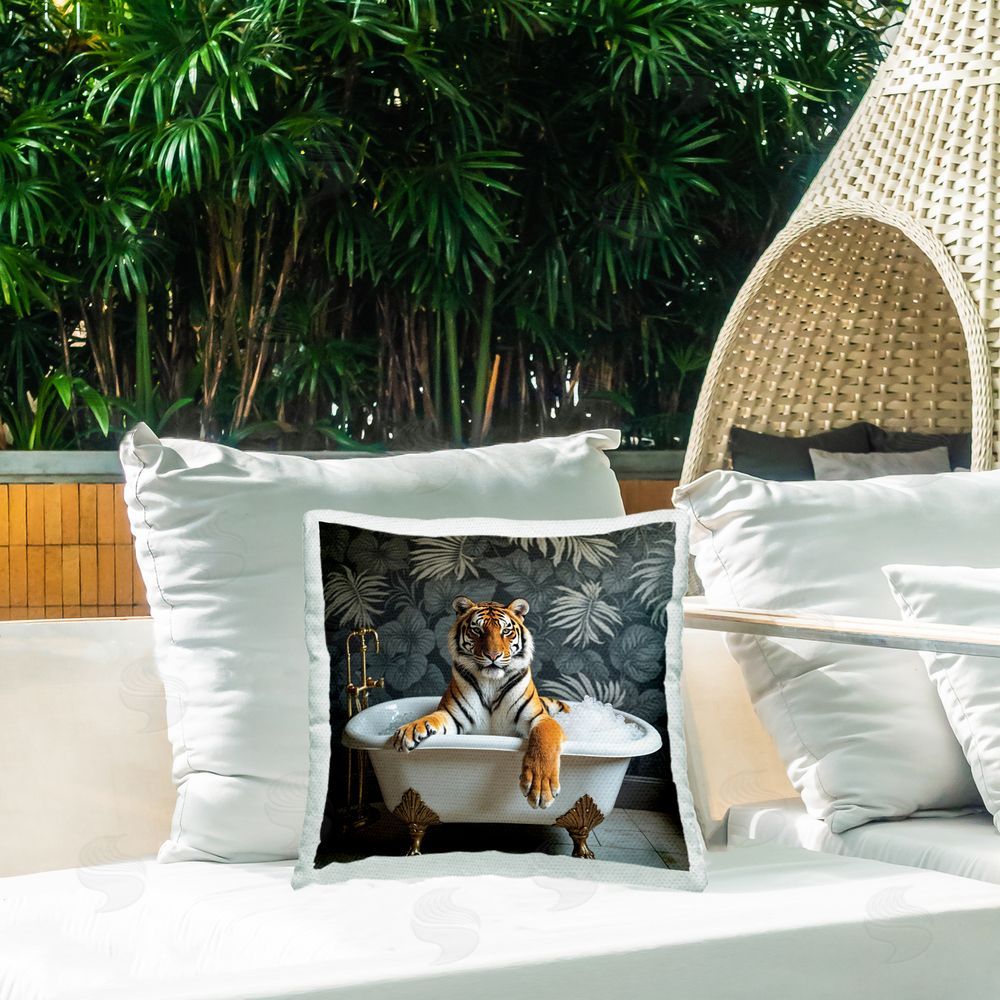 Lettered and Lined Tiger in Exotic Bubble Bath Square Printed Throw Pillow on Patio