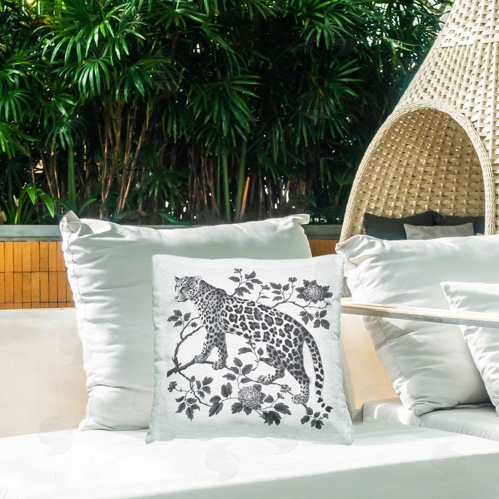 Lettered and Lined Monochrome Detail Leopard Square Printed Throw Pillow on Patio