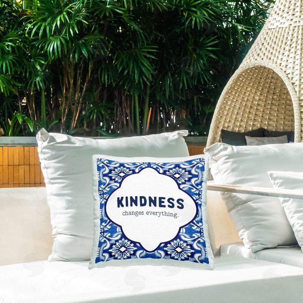 Lettered and Lined Patterned Kindness Changes Everything Square Printed Throw Pillow on Patio