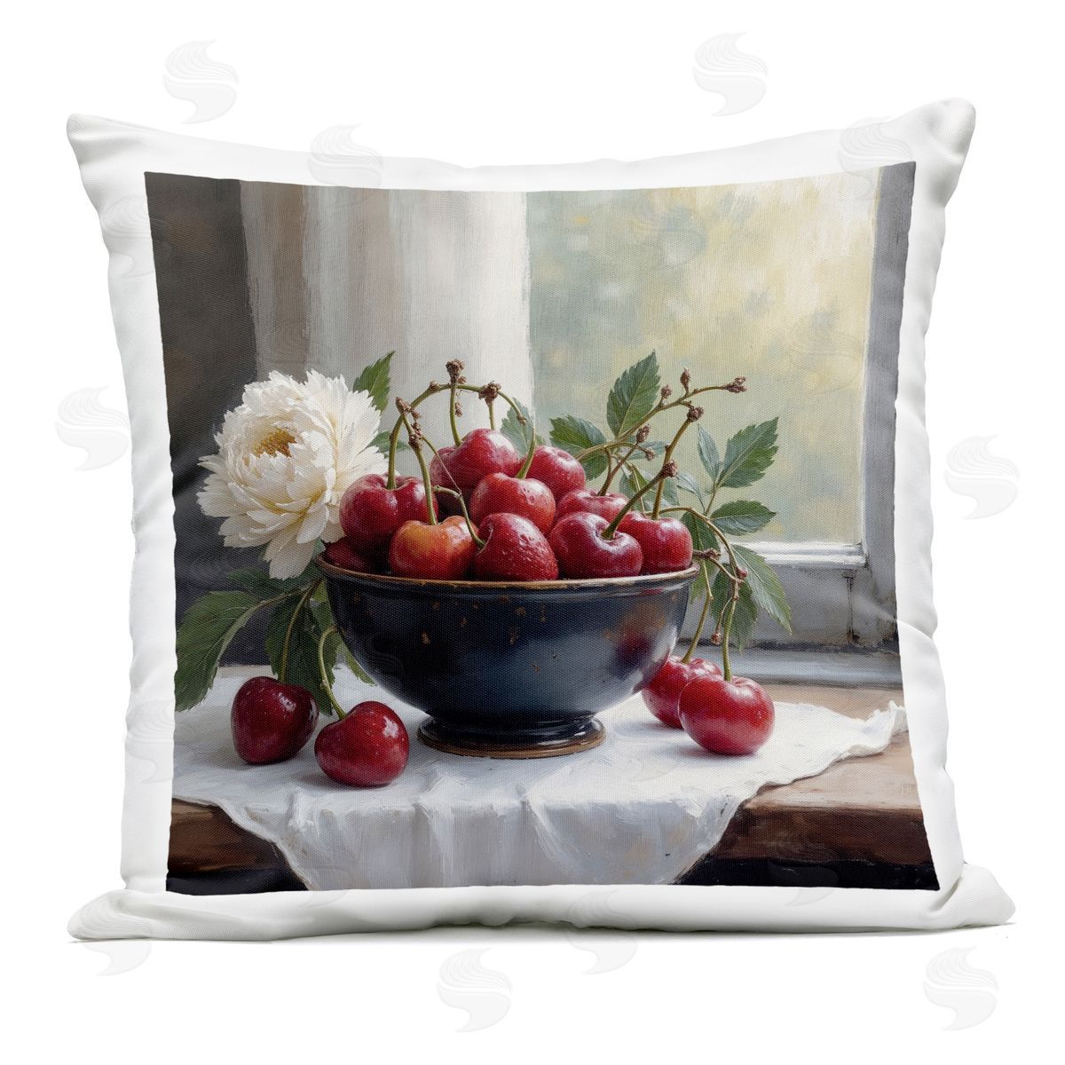 Lettered and Lined Cherry & Blossom Still Life Outdoor Square Printed Throw Pillow