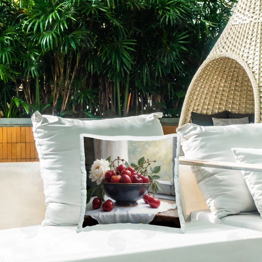 Lettered and Lined Cherry & Blossom Still Life Square Printed Throw Pillow on Patio