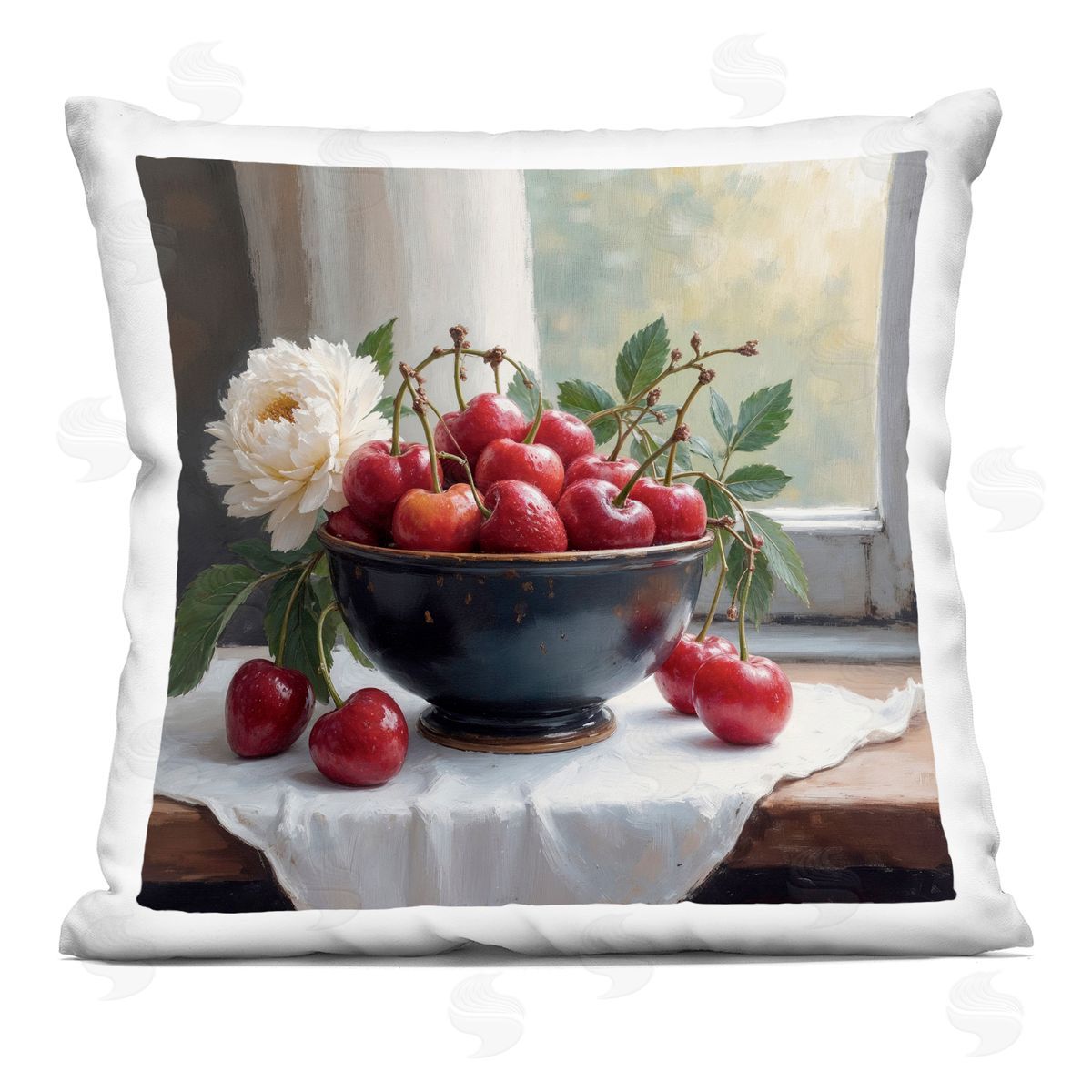 Lettered and Lined Cherry & Blossom Still Life Square Printed Throw Pillow