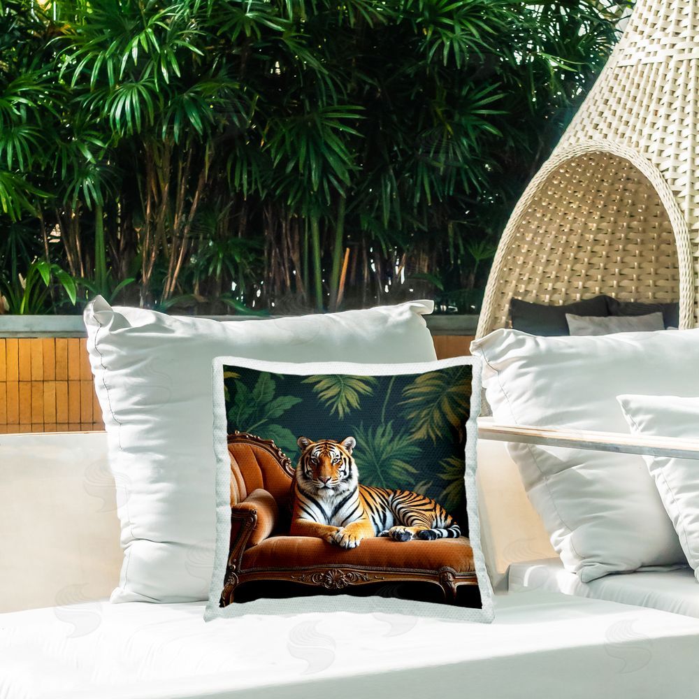 Lettered and Lined Tiger Lounging on Chaise Square Printed Throw Pillow on Patio