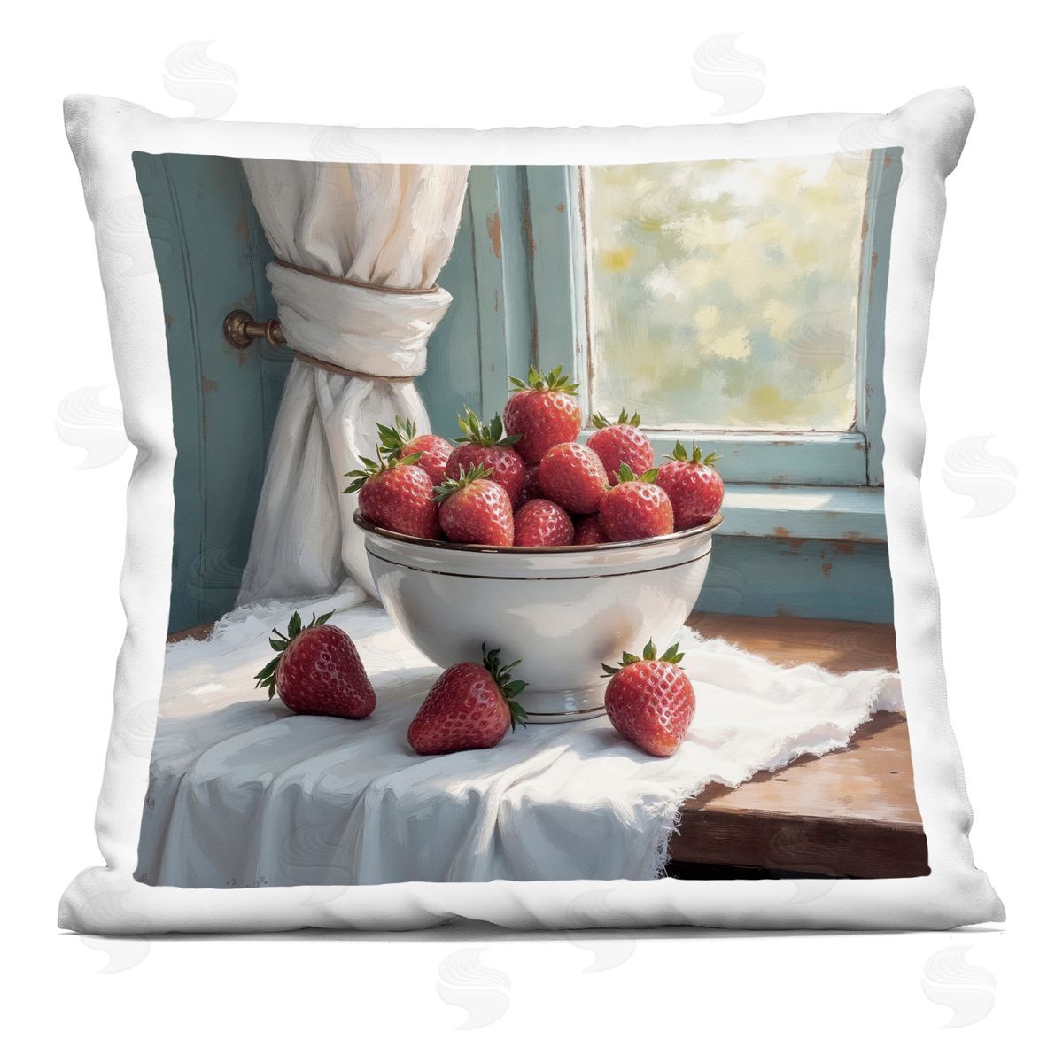 Lettered and Lined Strawberry Harvest in Window Square Printed Throw Pillow