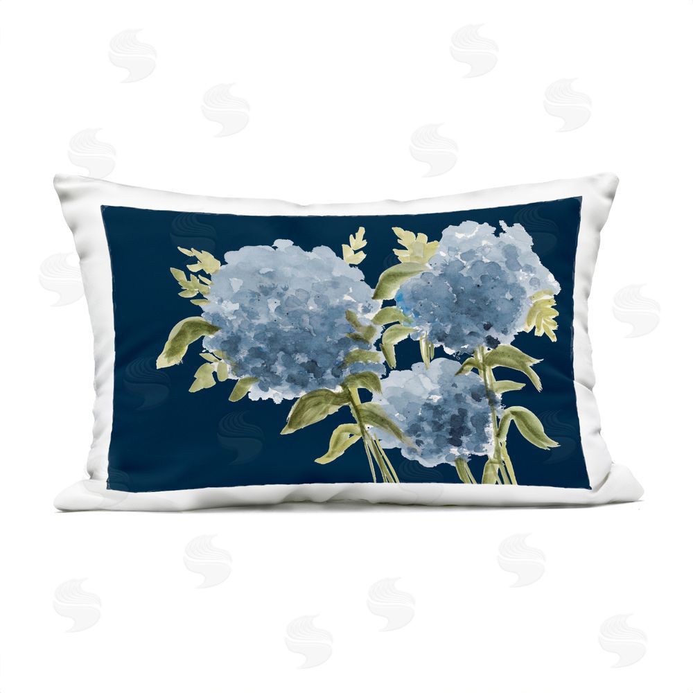 Janice Gaynor Blue Toned Hydrangeas Trio Outdoor Rectugular Printed Throw Pillow