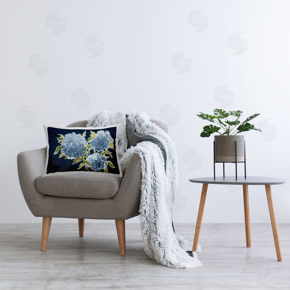 Janice Gaynor Blue Toned Hydrangeas Trio Rectugular Printed Throw Pillow on Chair