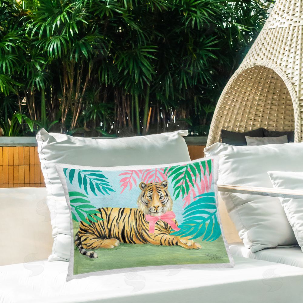 Lanie Loreth Exotic Jungle Tiger with Bow Outdoor Rectugular Printed Throw Pillow on Patio