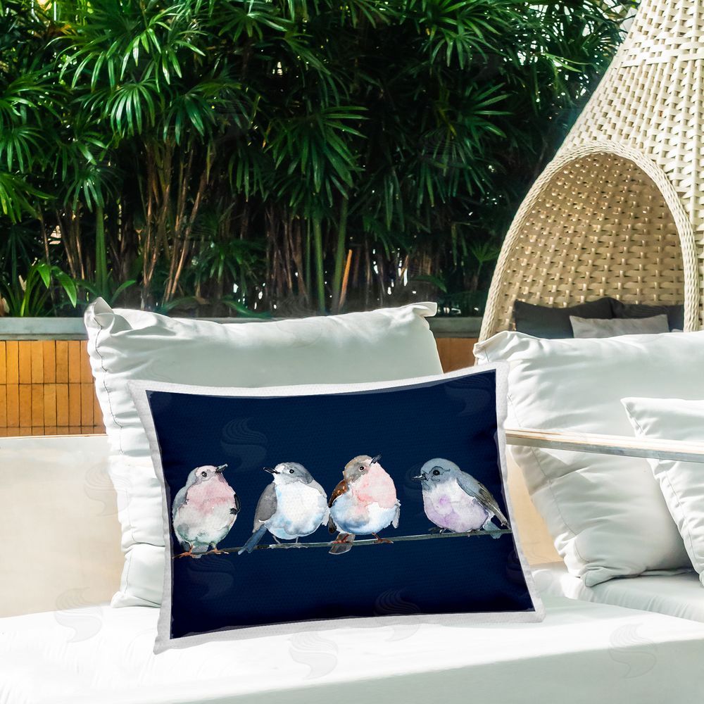 Lorenzo Collective Perched Foursome on Blue Outdoor Rectugular Printed Throw Pillow on Patio