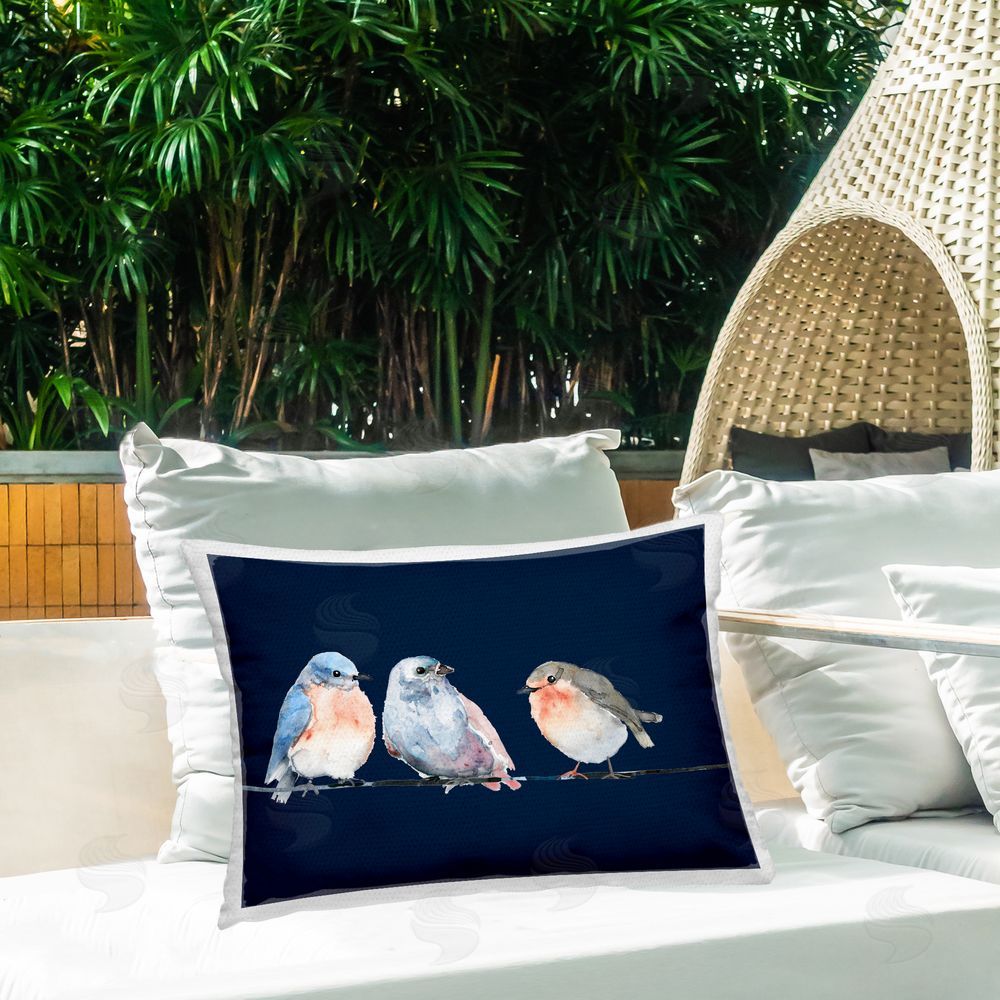Lorenzo Collective Perched Trio on Blue Outdoor Rectugular Printed Throw Pillow on Patio