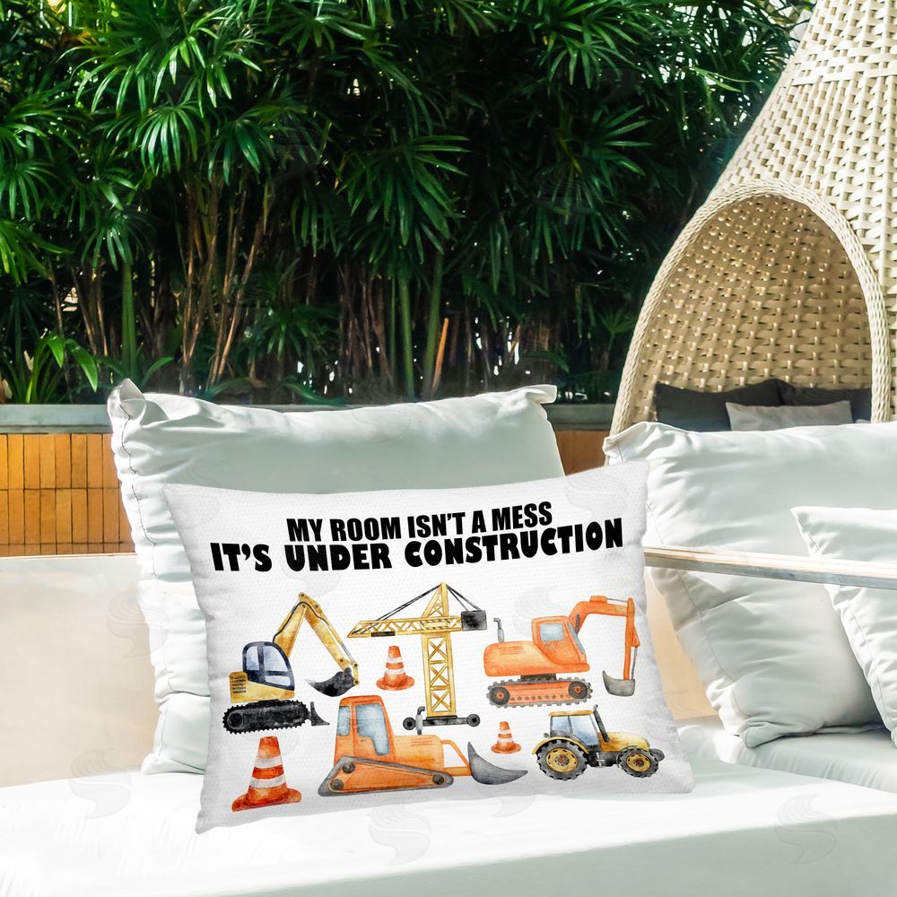 Kim Allen Not A Mess Under Construction Outdoor Rectugular Printed Throw Pillow on Patio