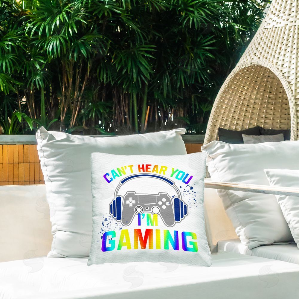Kim Allen Rainbow Can't Hear You Gaming Square Printed Throw Pillow on Patio