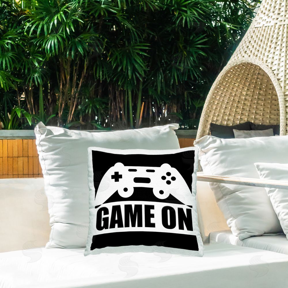 Kim Allen Game On Retro Black & White Square Printed Throw Pillow on Patio