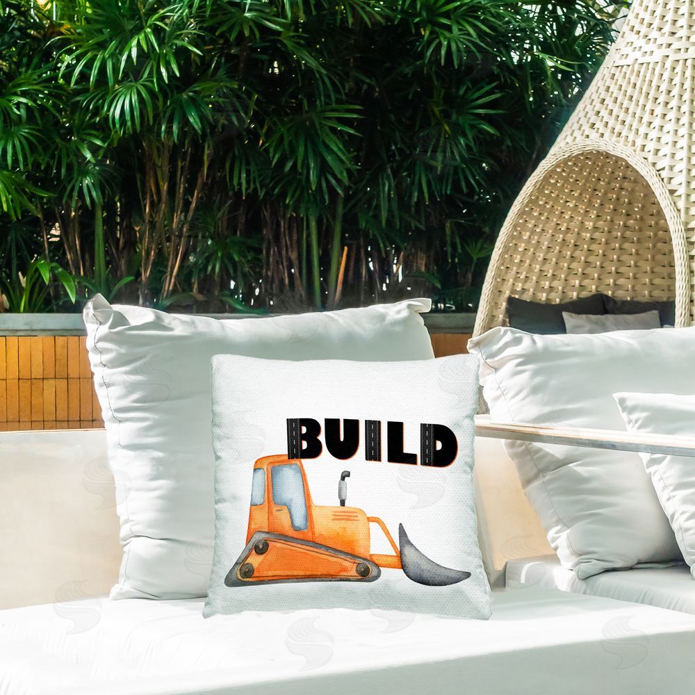 Kim Allen Build with Orange Bulldozer Square Printed Throw Pillow on Patio