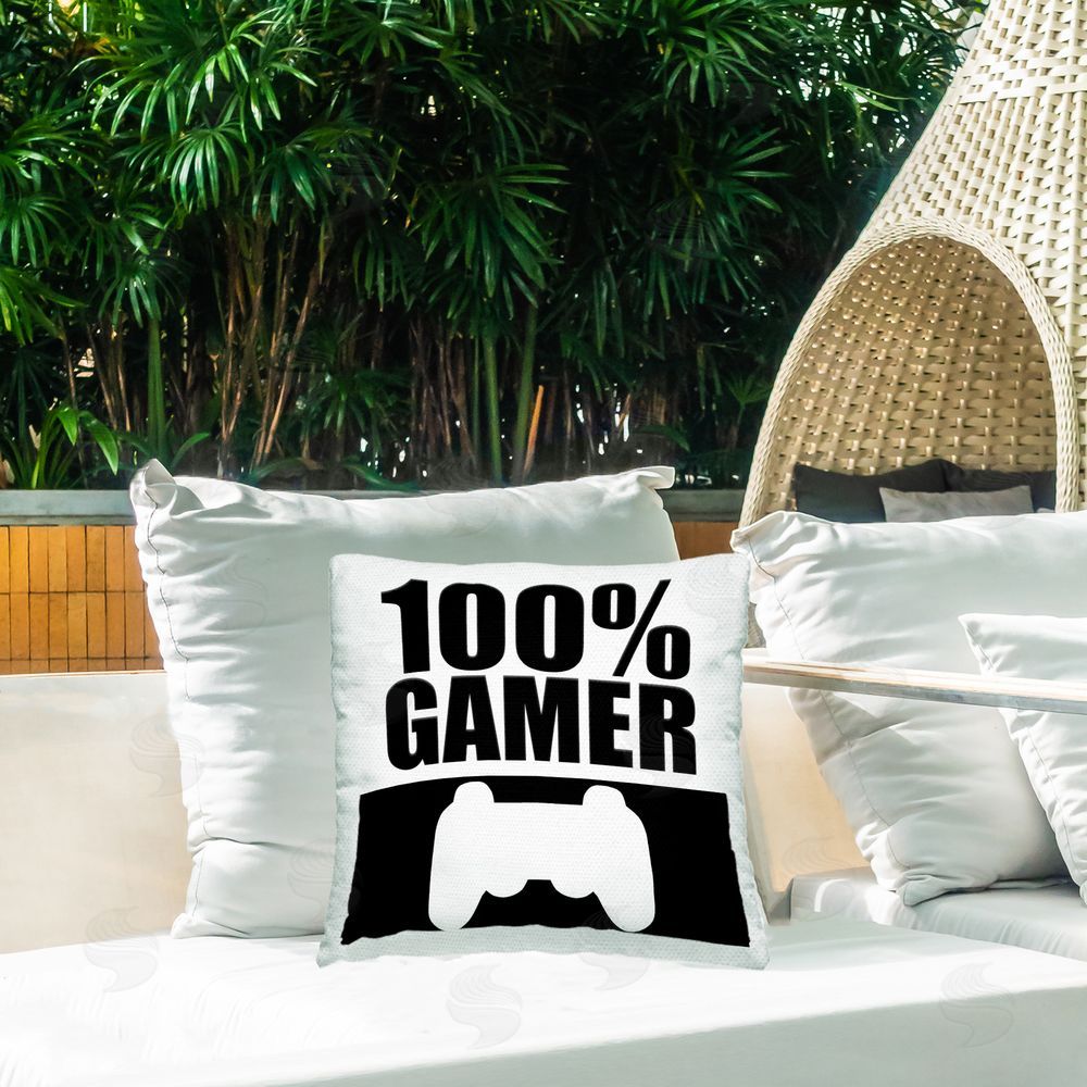 Kim Allen 100% Gamer Black & White Square Printed Throw Pillow on Patio