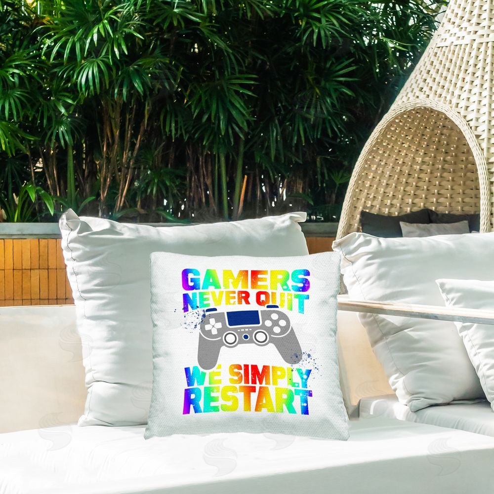Kim Allen Rainbow Gamers Never Quit Square Printed Throw Pillow on Patio