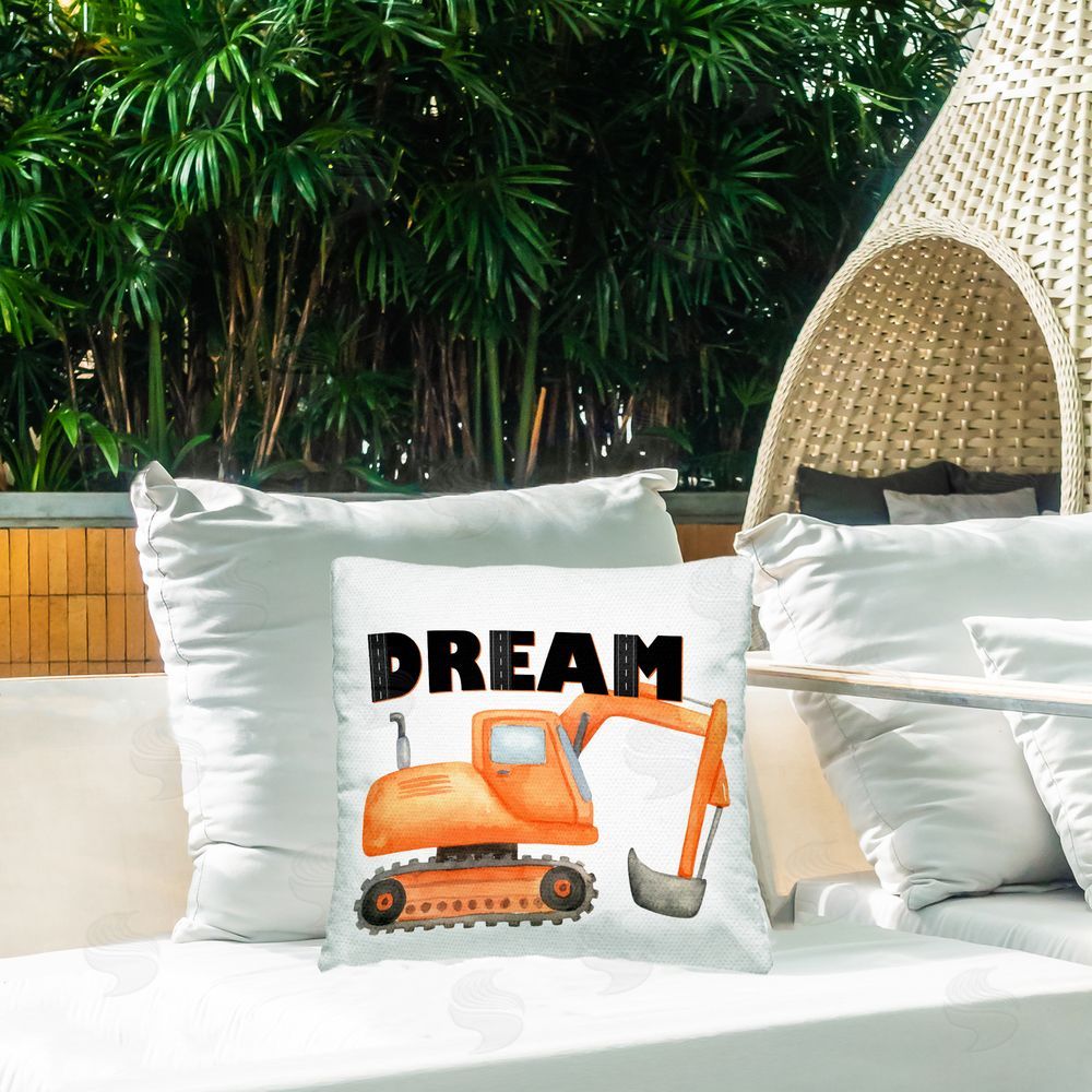 Kim Allen Dream with Orange Excavator Square Printed Throw Pillow on Patio