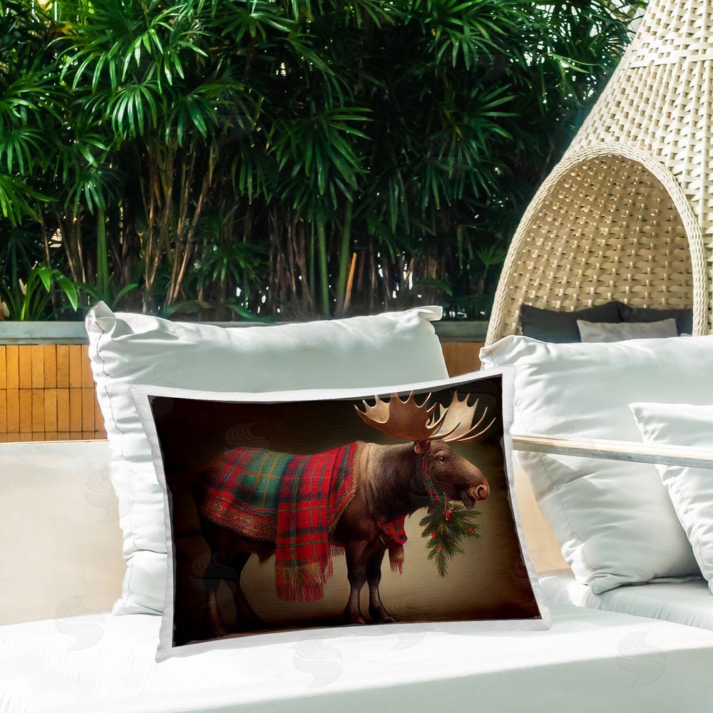 Sasha Festive Moose with Plaid Outdoor Printed Throw Pillow on Patio