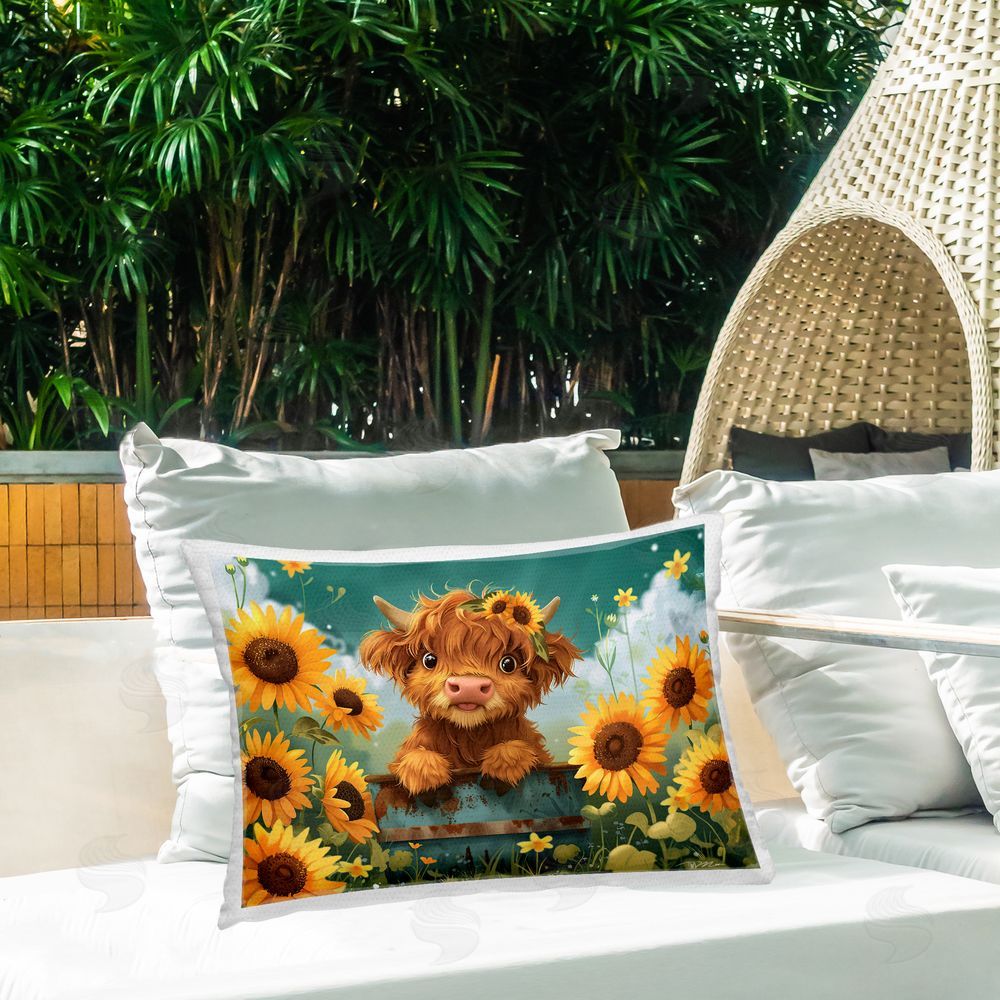 Momart Cute Happy Highland Cow Outdoor Rectugular Printed Throw Pillow on Patio
