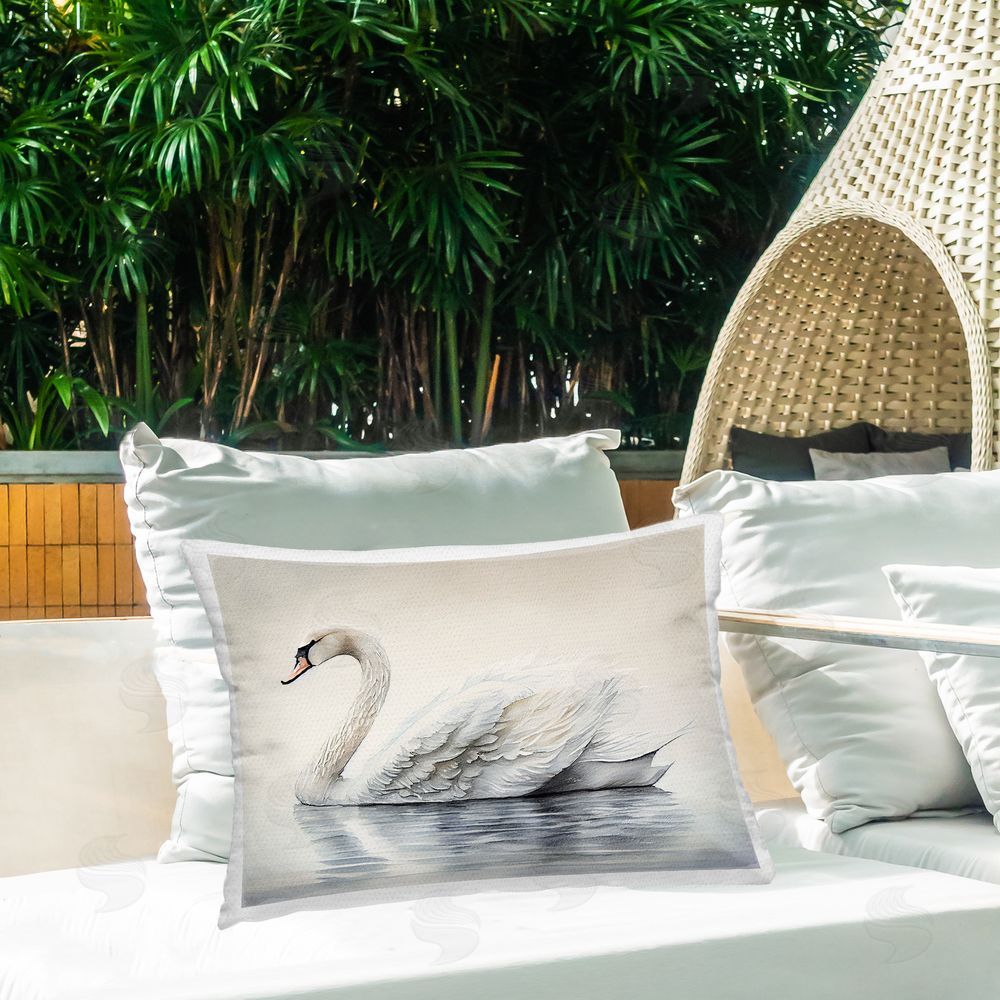 Sasha Elegant Floating Swan Outdoor Rectugular Printed Throw Pillow on Patio