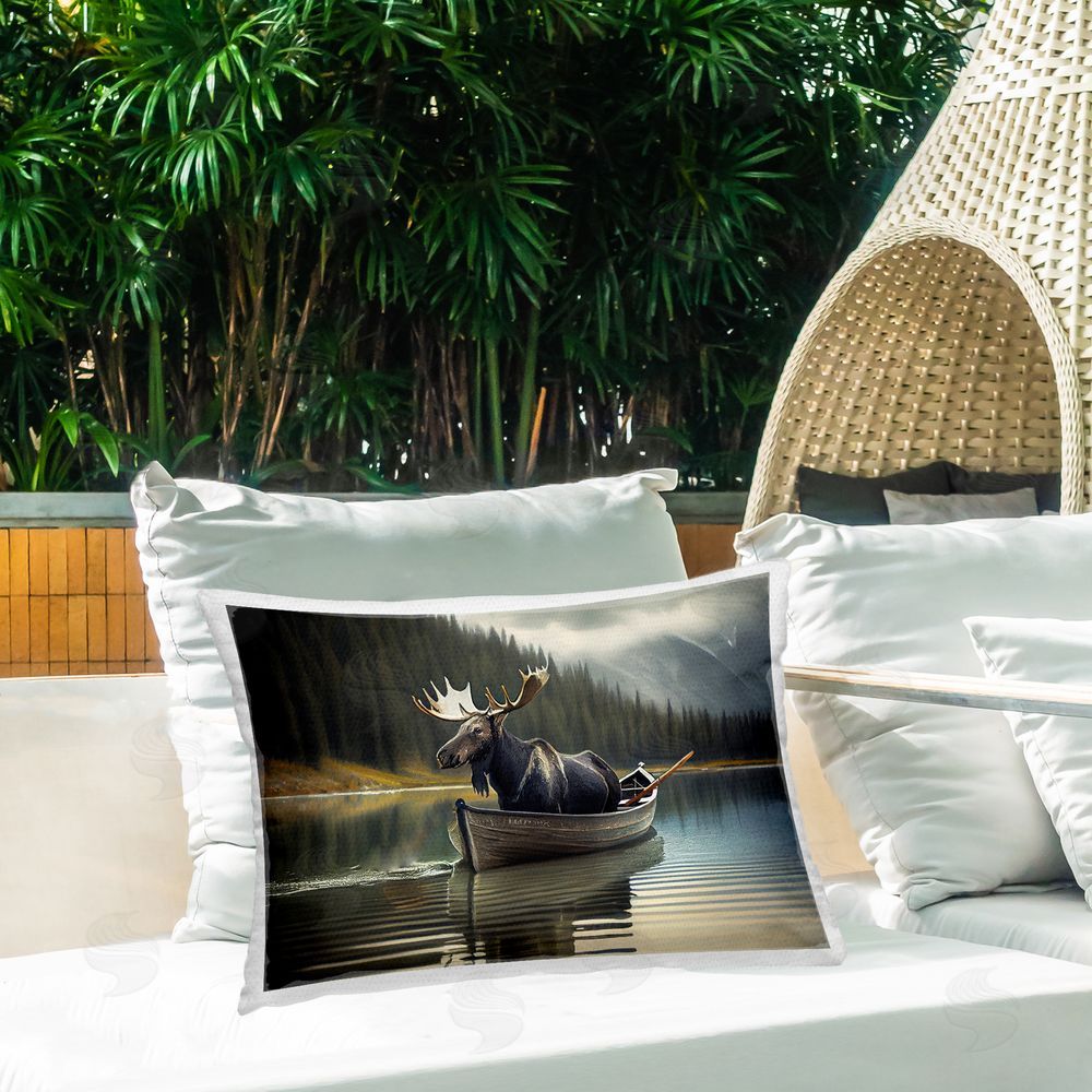 Sasha Moose in Canoe Tranquility Outdoor Rectugular Printed Throw Pillow on Patio