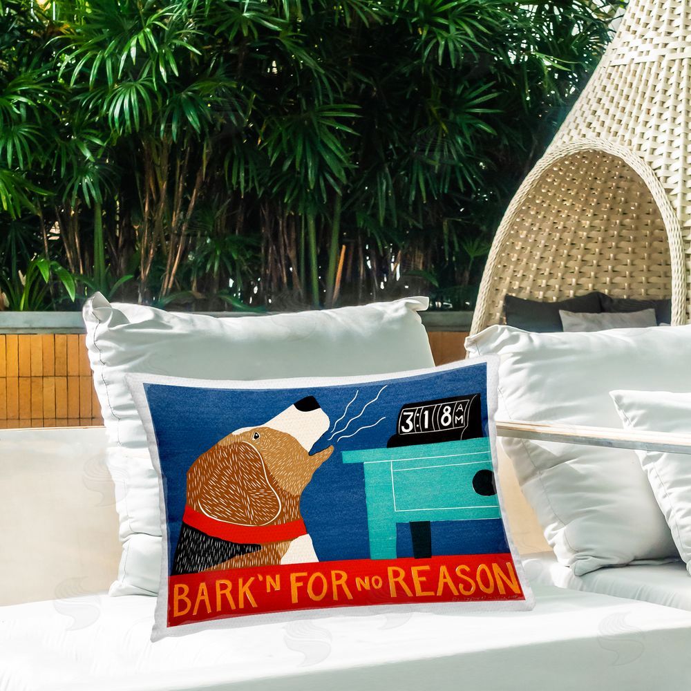 Stephen Huneck Bark'n For No Reason Outdoor Rectugular Printed Throw Pillow on Patio