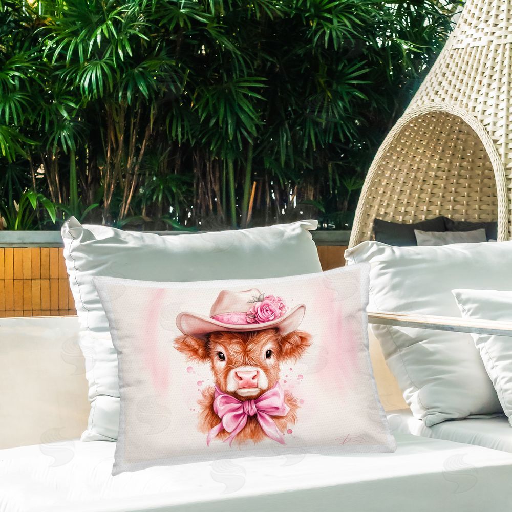 Shawna Stewart Pretty In Pink Cow Outdoor Rectugular Printed Throw Pillow on Patio