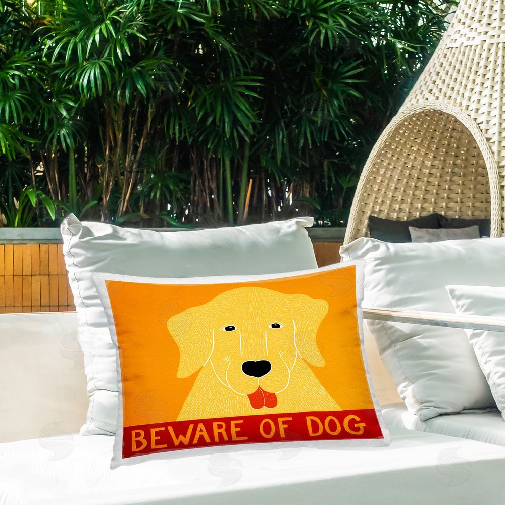 Stephen Huneck Beware Of Dog Yellow & Red Outdoor Rectugular Printed Throw Pillow on Patio