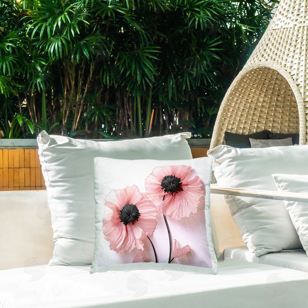 Sasha Properly Pink Poppies Square Printed Throw Pillow on Patio