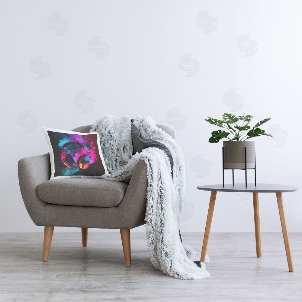 Sasha Power Play Pink & Blue Headphones Square Printed Throw Pillow on Chair