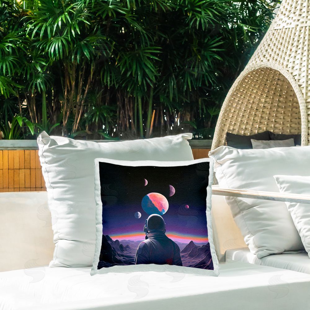 Sasha Astronaut & Purple Toned Terrain Square Printed Throw Pillow on Patio