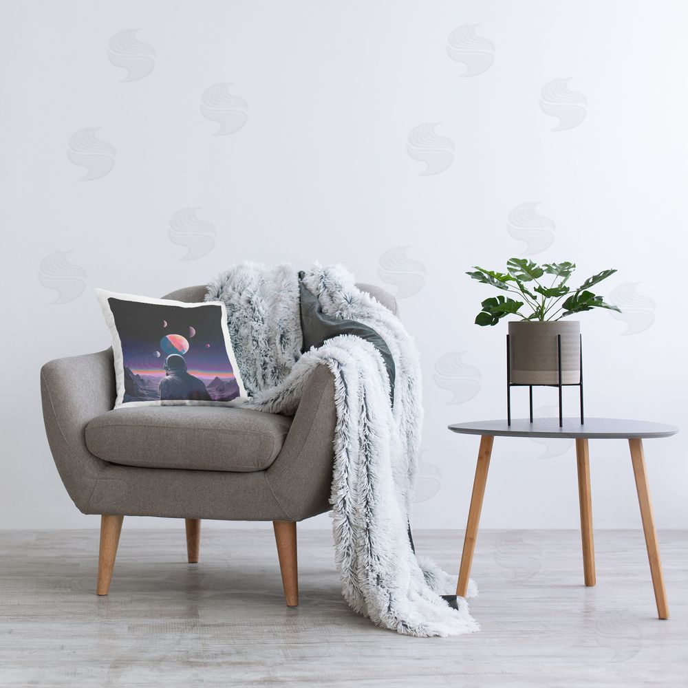 Sasha Astronaut & Purple Toned Terrain Square Printed Throw Pillow on Chair