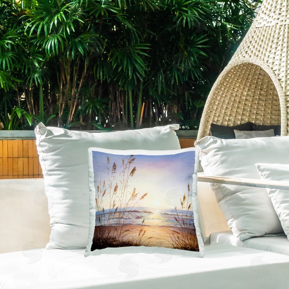 Michelle Faber Seascape with Sunlit Grasses Square Printed Throw Pillow on Patio