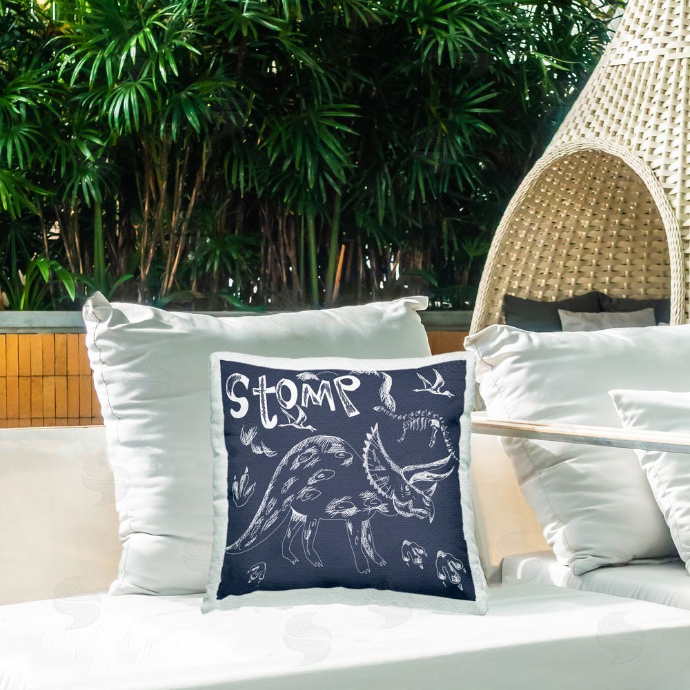 HUE and MI and Sangita Sketchy Stomp Dinosaur Square Printed Throw Pillow on Patio