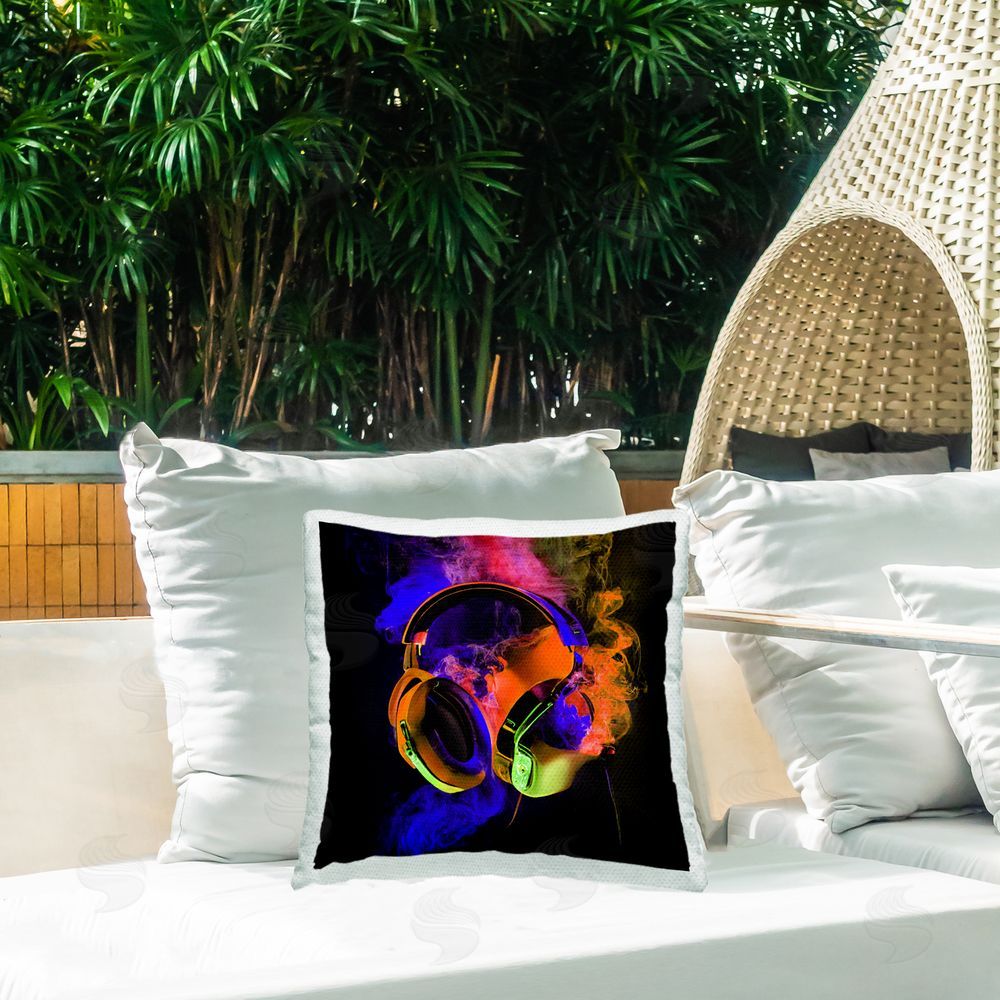 Sasha Power Play Headphones Square Printed Throw Pillow on Patio